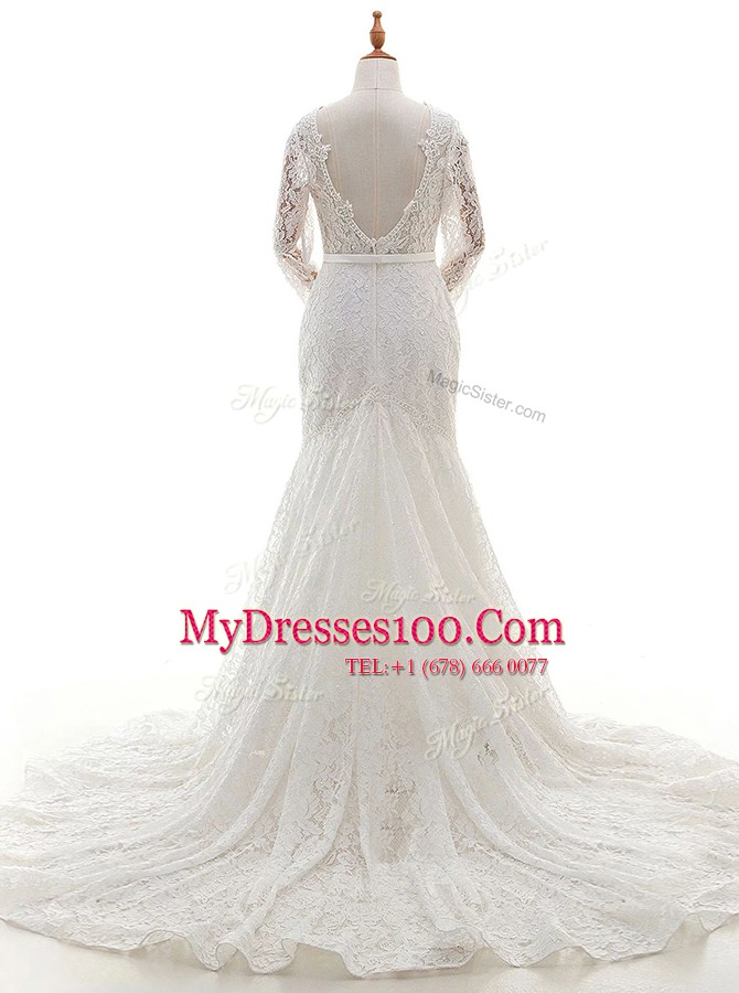 Mermaid White Zipper Scalloped Lace Wedding Dress Lace Long Sleeves Brush Train