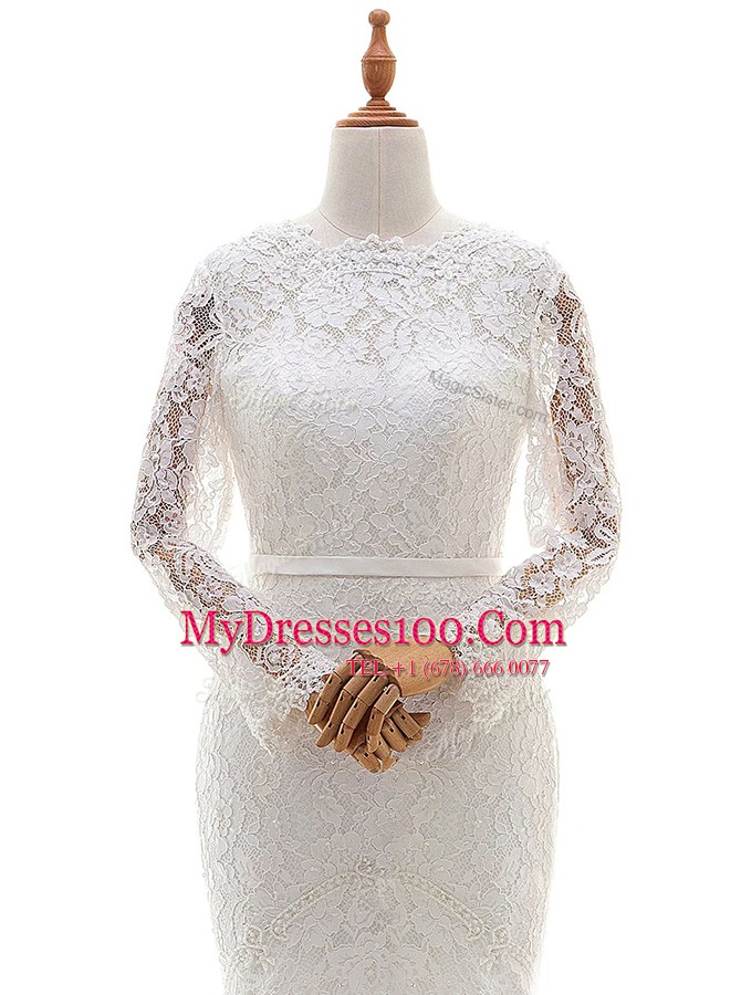 Mermaid White Zipper Scalloped Lace Wedding Dress Lace Long Sleeves Brush Train