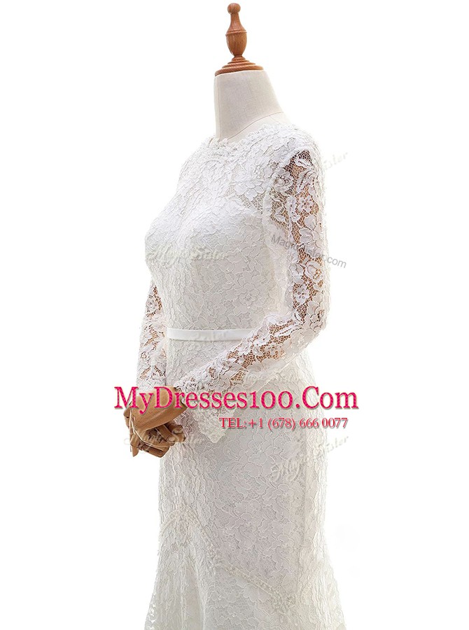 Mermaid White Zipper Scalloped Lace Wedding Dress Lace Long Sleeves Brush Train