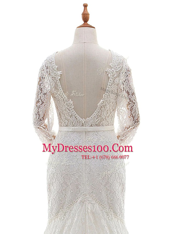 Mermaid White Zipper Scalloped Lace Wedding Dress Lace Long Sleeves Brush Train