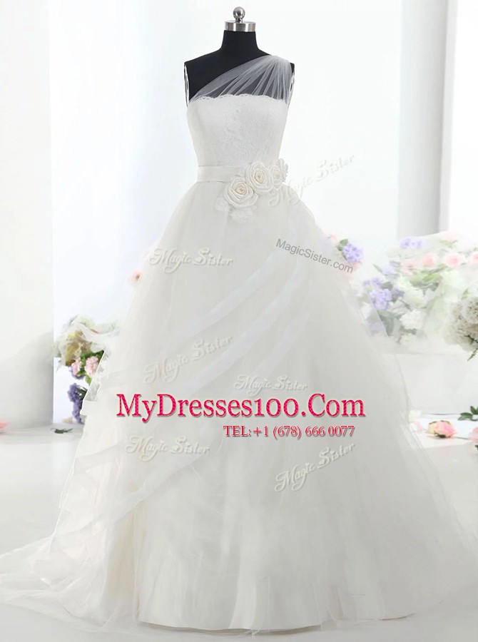 Fancy White Lace Up One Shoulder Lace and Hand Made Flower Wedding Gown Tulle Sleeveless Brush Train