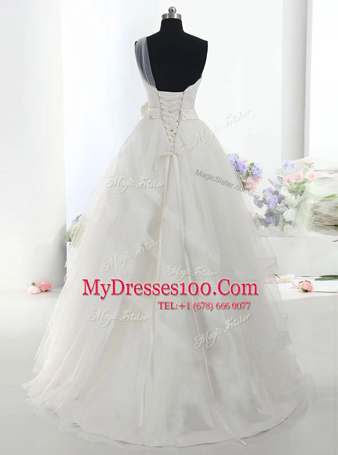 Fancy White Lace Up One Shoulder Lace and Hand Made Flower Wedding Gown Tulle Sleeveless Brush Train