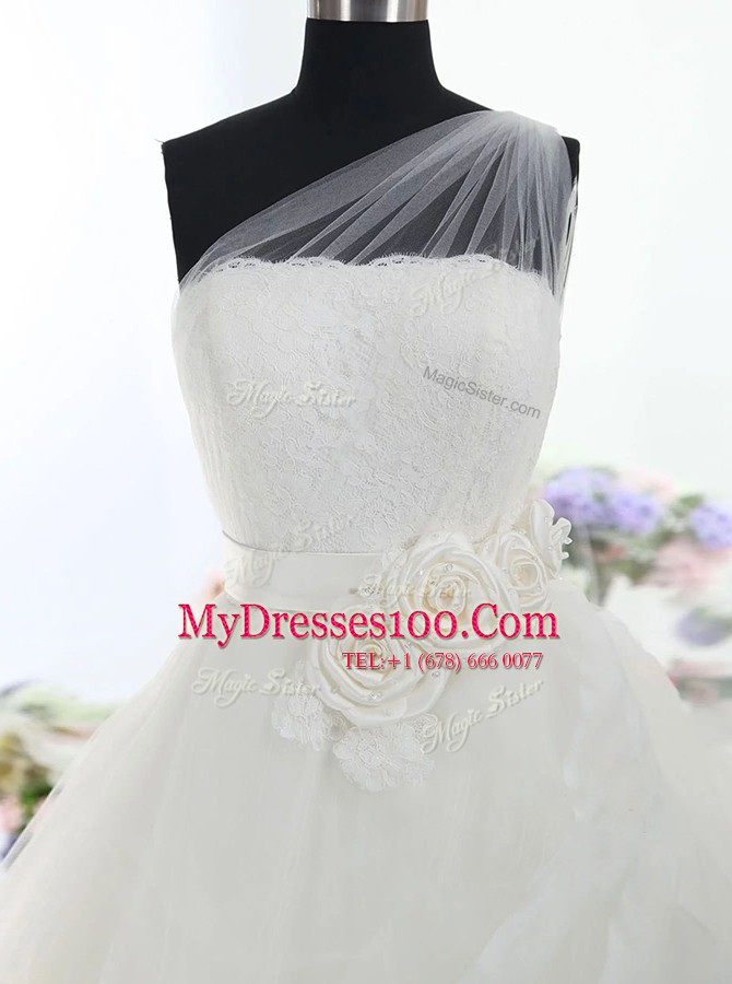 Fancy White Lace Up One Shoulder Lace and Hand Made Flower Wedding Gown Tulle Sleeveless Brush Train