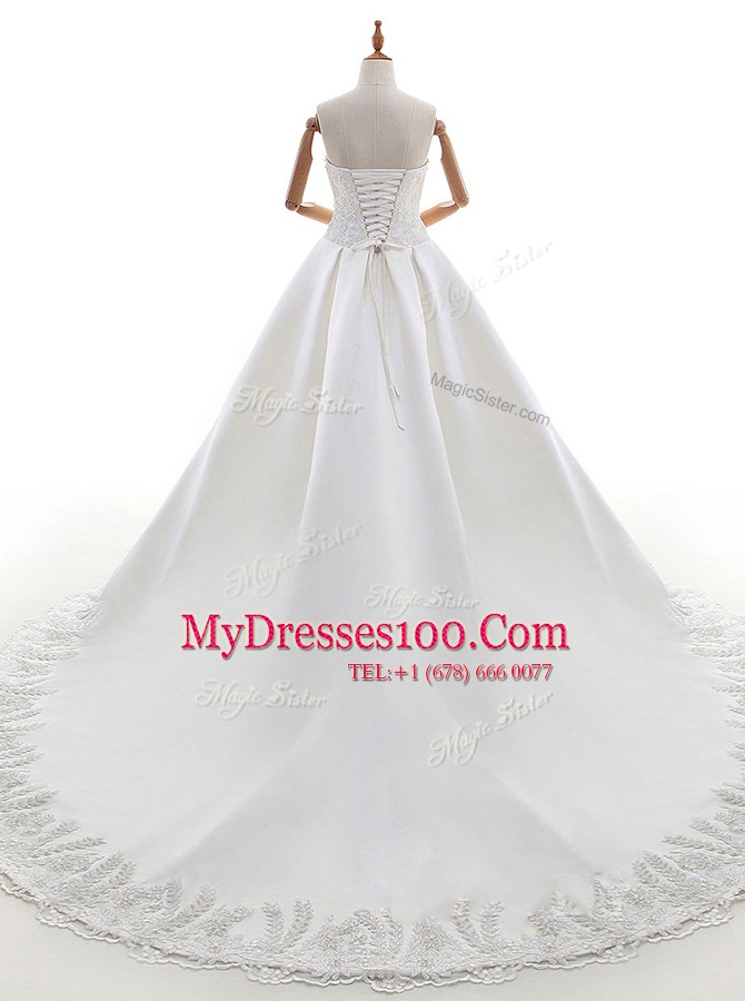 Most Popular White Lace Up V-neck Lace and Appliques Wedding Dresses Lace Sleeveless Watteau Train