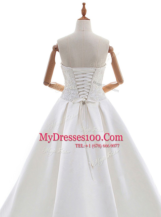 Most Popular White Lace Up V-neck Lace and Appliques Wedding Dresses Lace Sleeveless Watteau Train