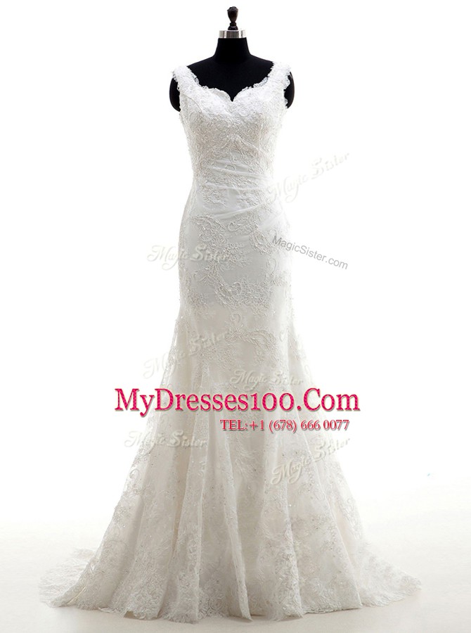 Mermaid White V-neck Neckline Lace Wedding Dress Sleeveless Clasp Handle