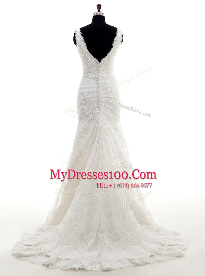 Mermaid White V-neck Neckline Lace Wedding Dress Sleeveless Clasp Handle