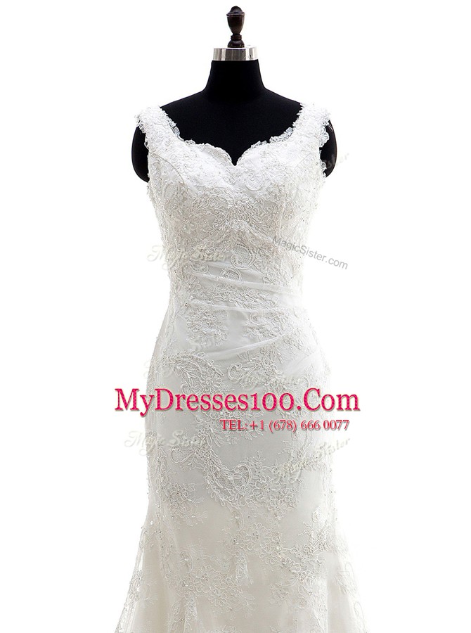 Mermaid White V-neck Neckline Lace Wedding Dress Sleeveless Clasp Handle