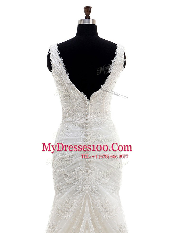 Mermaid White V-neck Neckline Lace Wedding Dress Sleeveless Clasp Handle