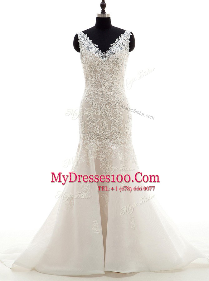 Lovely Mermaid White Sleeveless Organza Brush Train Zipper Wedding Gowns for Wedding Party