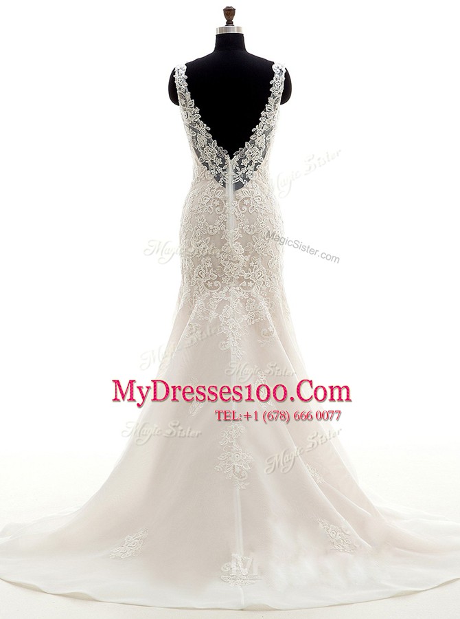 Lovely Mermaid White Sleeveless Organza Brush Train Zipper Wedding Gowns for Wedding Party