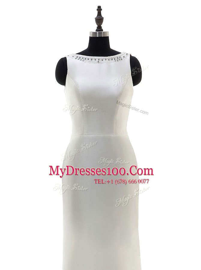 Delicate White Scoop Side Zipper Beading Wedding Gown Sleeveless
