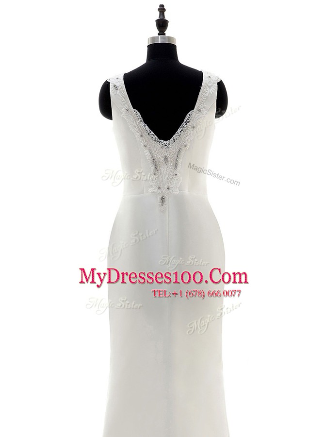 Delicate White Scoop Side Zipper Beading Wedding Gown Sleeveless