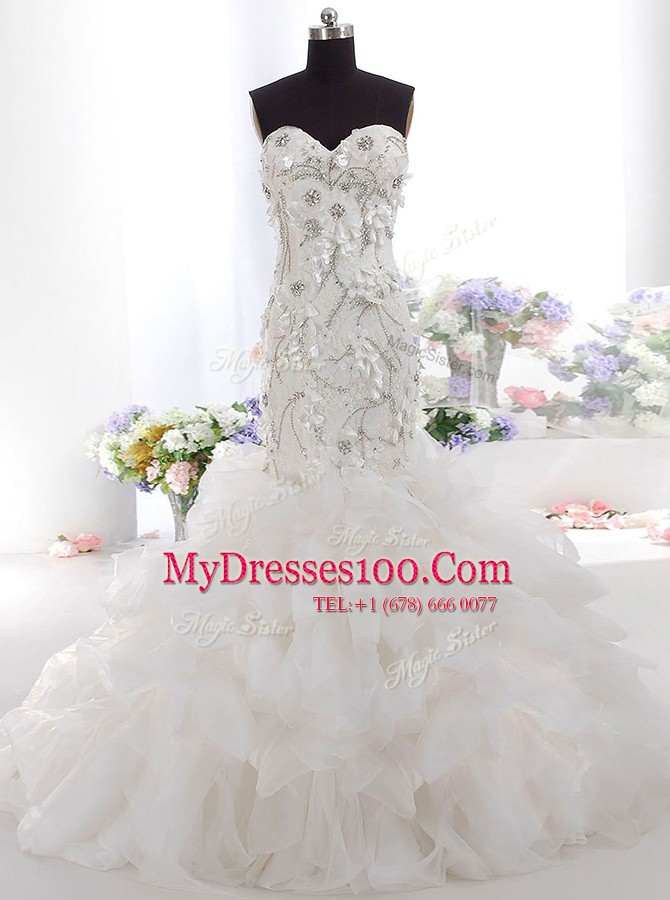 Shining Mermaid White Wedding Dresses Tulle Brush Train Sleeveless Beading and Appliques