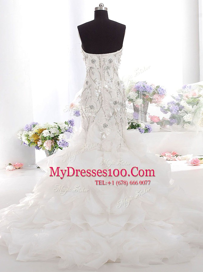 Shining Mermaid White Wedding Dresses Tulle Brush Train Sleeveless Beading and Appliques