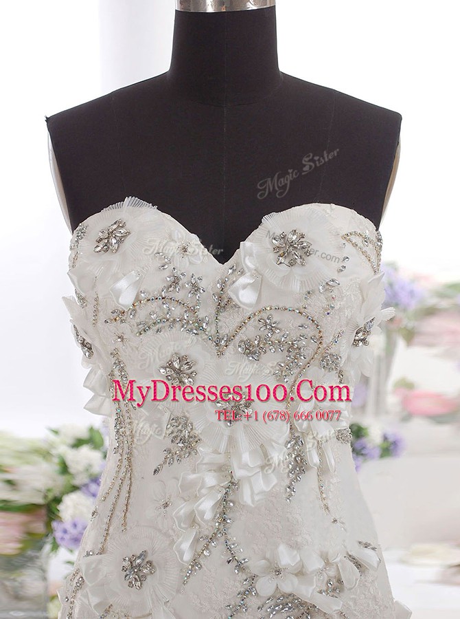 Shining Mermaid White Wedding Dresses Tulle Brush Train Sleeveless Beading and Appliques
