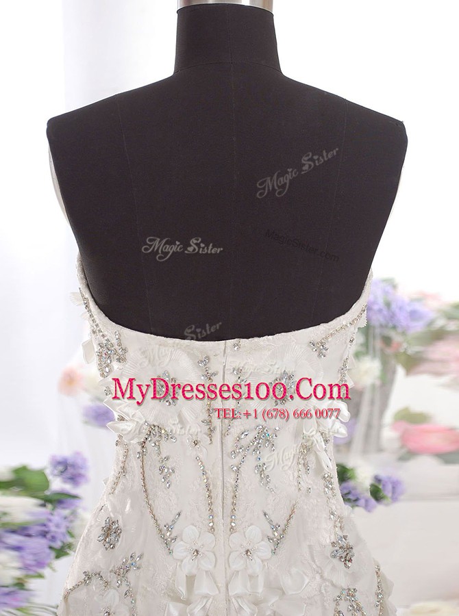 Shining Mermaid White Wedding Dresses Tulle Brush Train Sleeveless Beading and Appliques
