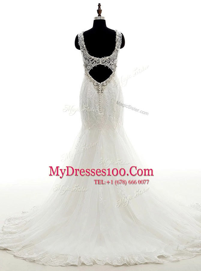 Mermaid Lace White Sleeveless Brush Train Beading Wedding Dress