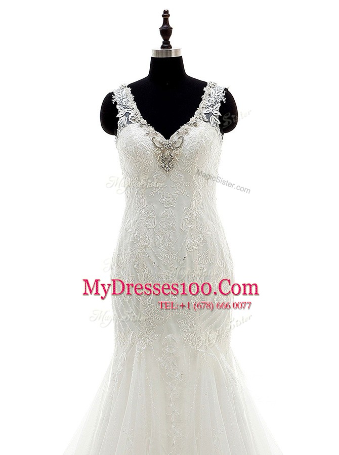 Mermaid Lace White Sleeveless Brush Train Beading Wedding Dress
