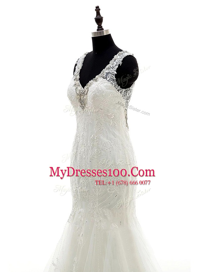 Mermaid Lace White Sleeveless Brush Train Beading Wedding Dress