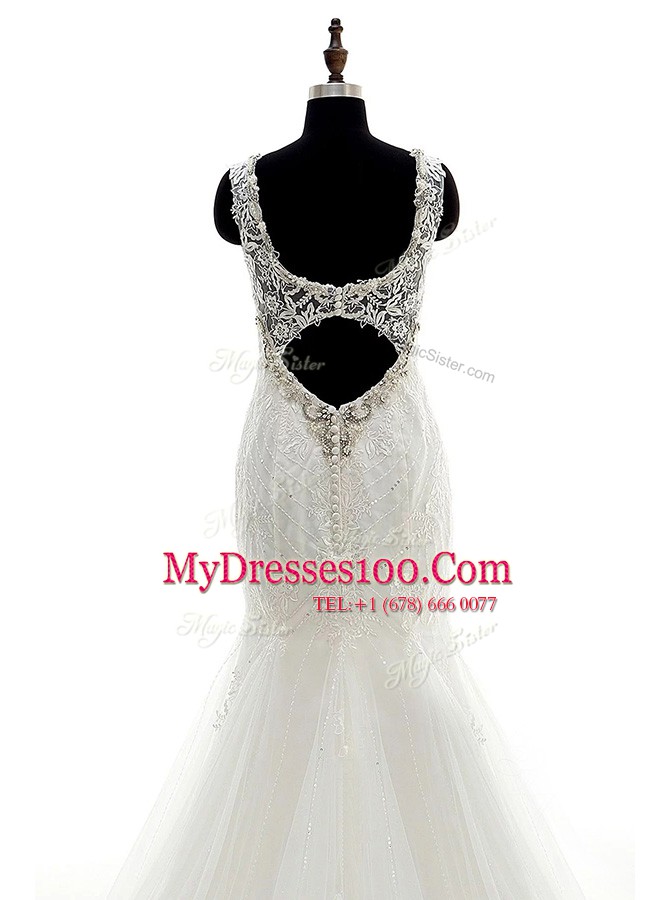 Mermaid Lace White Sleeveless Brush Train Beading Wedding Dress
