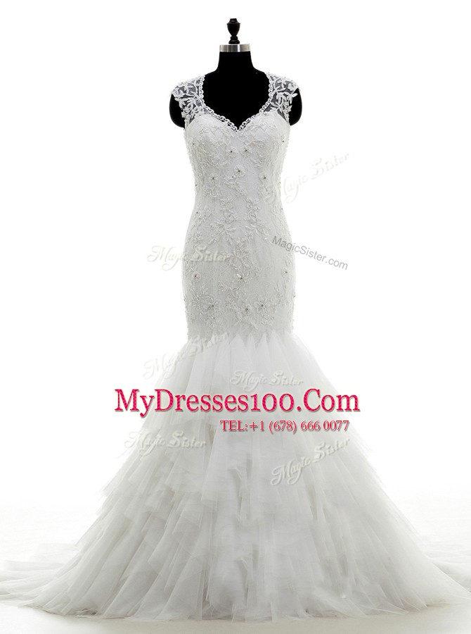 Brush Train Mermaid Wedding Gowns White V-neck Tulle Sleeveless With Train Clasp Handle