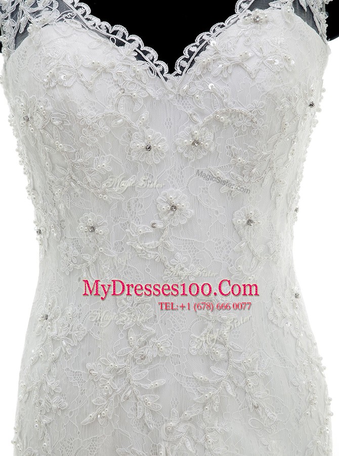 Brush Train Mermaid Wedding Gowns White V-neck Tulle Sleeveless With Train Clasp Handle