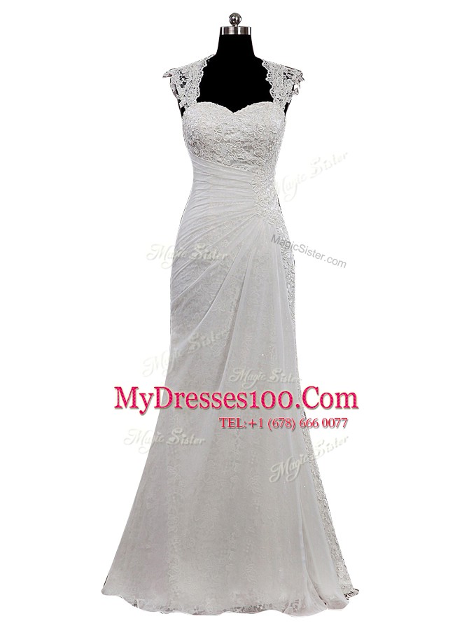 White Sweetheart Neckline Lace Wedding Gown Cap Sleeves Side Zipper