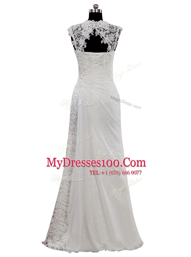White Sweetheart Neckline Lace Wedding Gown Cap Sleeves Side Zipper