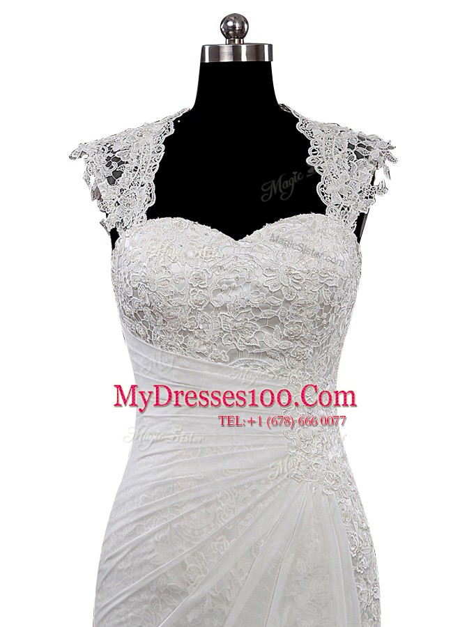 White Sweetheart Neckline Lace Wedding Gown Cap Sleeves Side Zipper