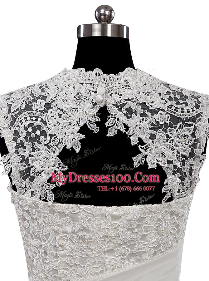 White Sweetheart Neckline Lace Wedding Gown Cap Sleeves Side Zipper