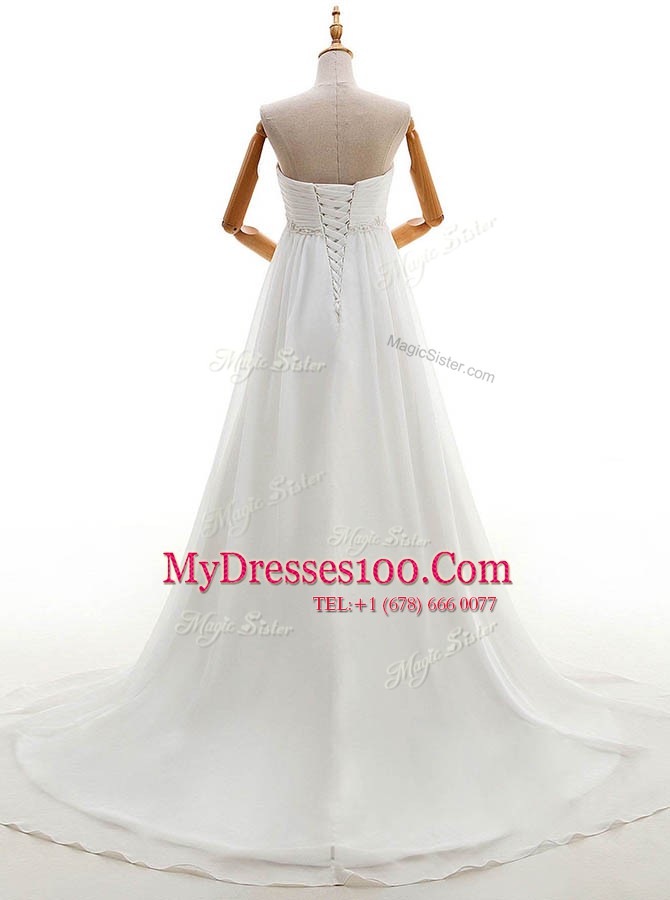Classical With Train White Wedding Dress Sweetheart Sleeveless Brush Train Lace Up