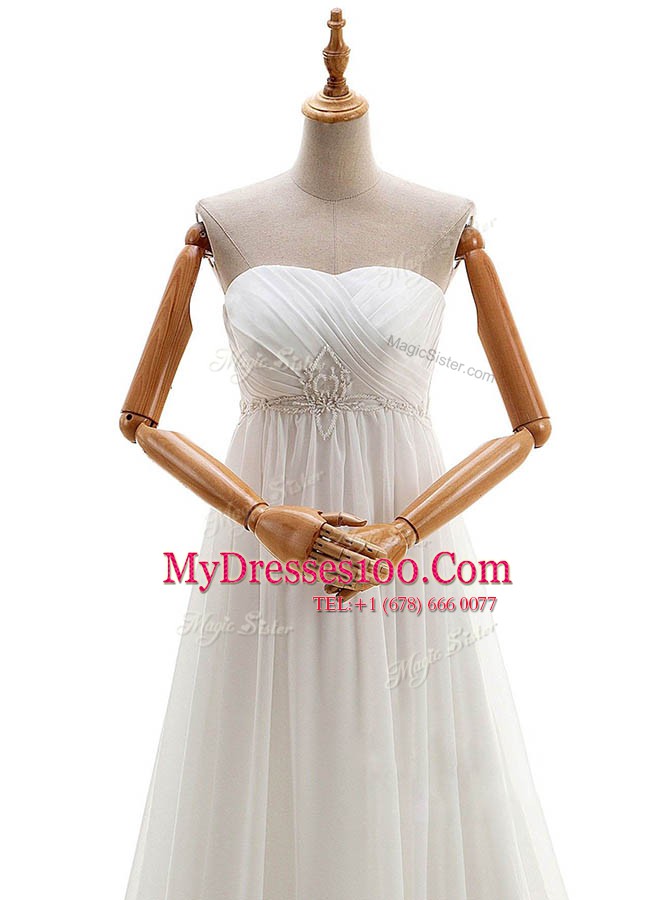 Classical With Train White Wedding Dress Sweetheart Sleeveless Brush Train Lace Up