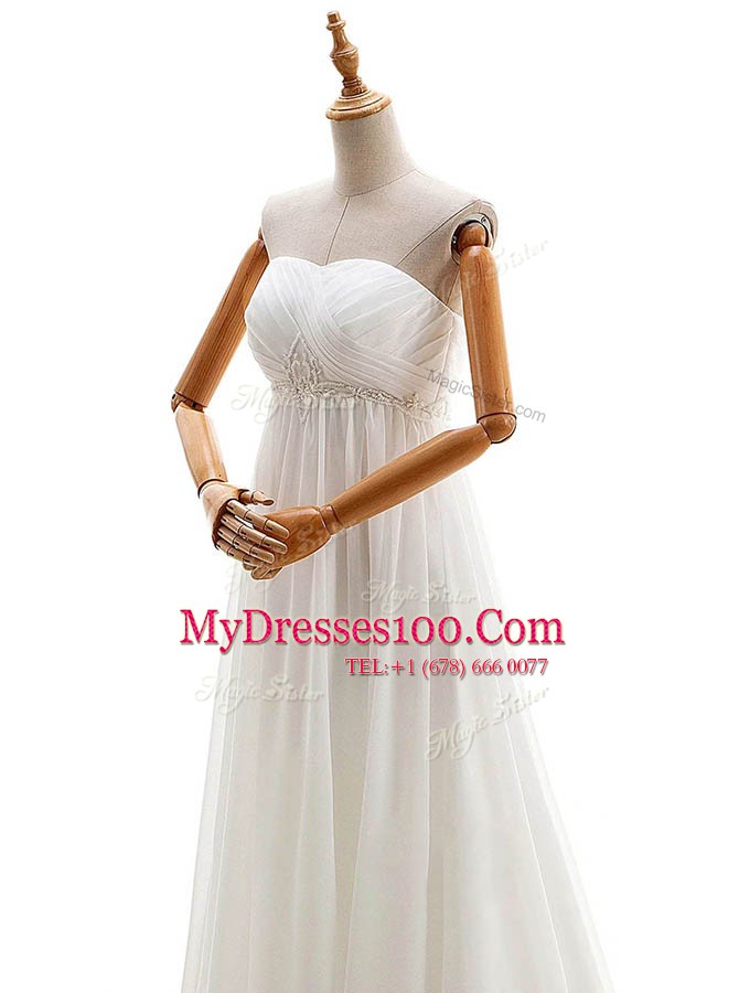 Classical With Train White Wedding Dress Sweetheart Sleeveless Brush Train Lace Up
