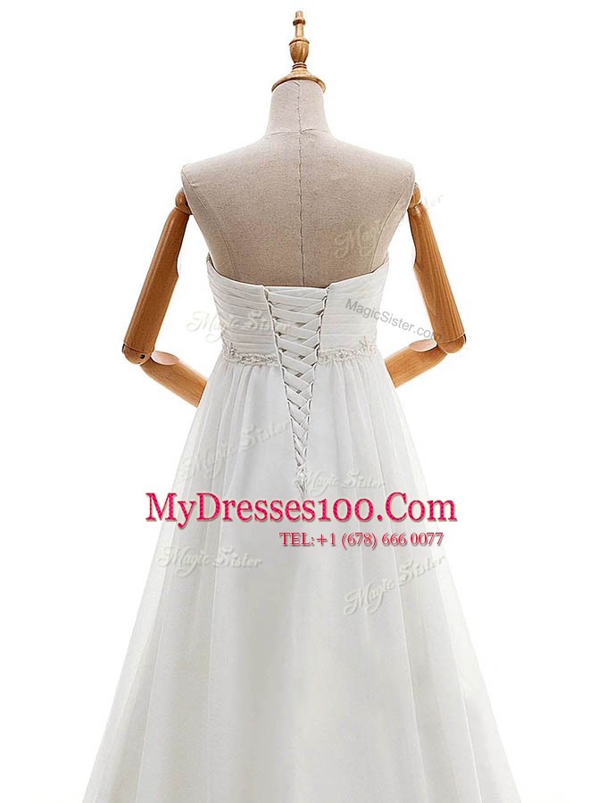 Classical With Train White Wedding Dress Sweetheart Sleeveless Brush Train Lace Up