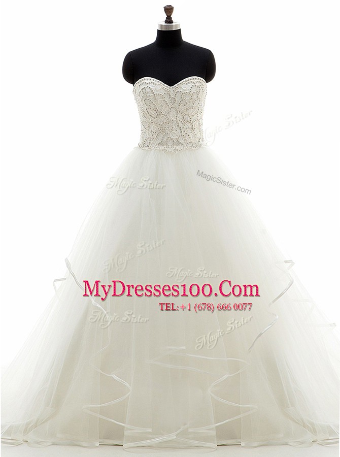 Exquisite White Ball Gowns Beading and Ruffles Wedding Dress Lace Up Organza Sleeveless With Train