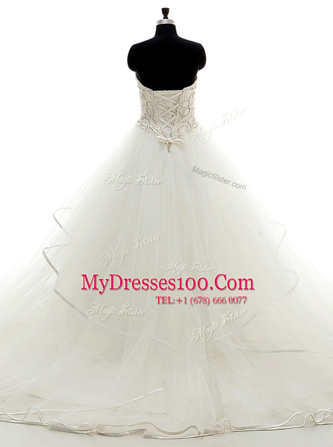 Exquisite White Ball Gowns Beading and Ruffles Wedding Dress Lace Up Organza Sleeveless With Train