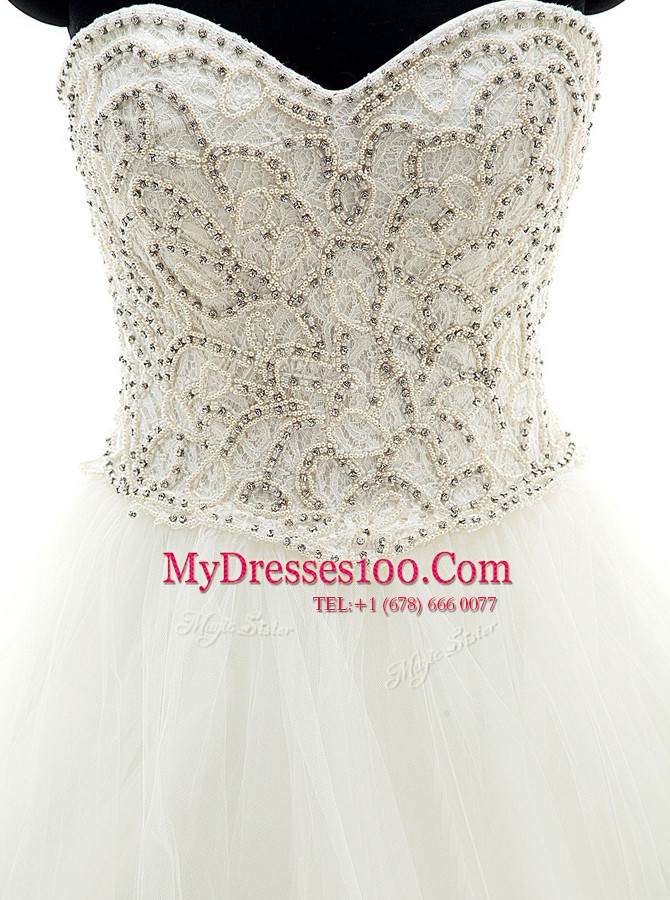 Exquisite White Ball Gowns Beading and Ruffles Wedding Dress Lace Up Organza Sleeveless With Train