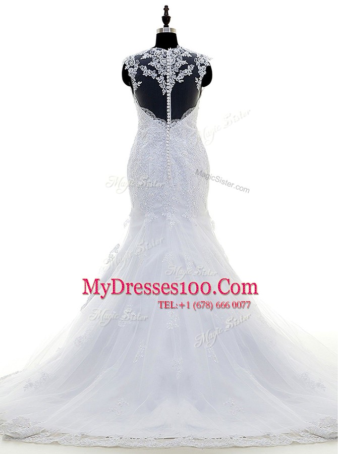 Fine Mermaid With Train White Bridal Gown Square Sleeveless Brush Train Zipper