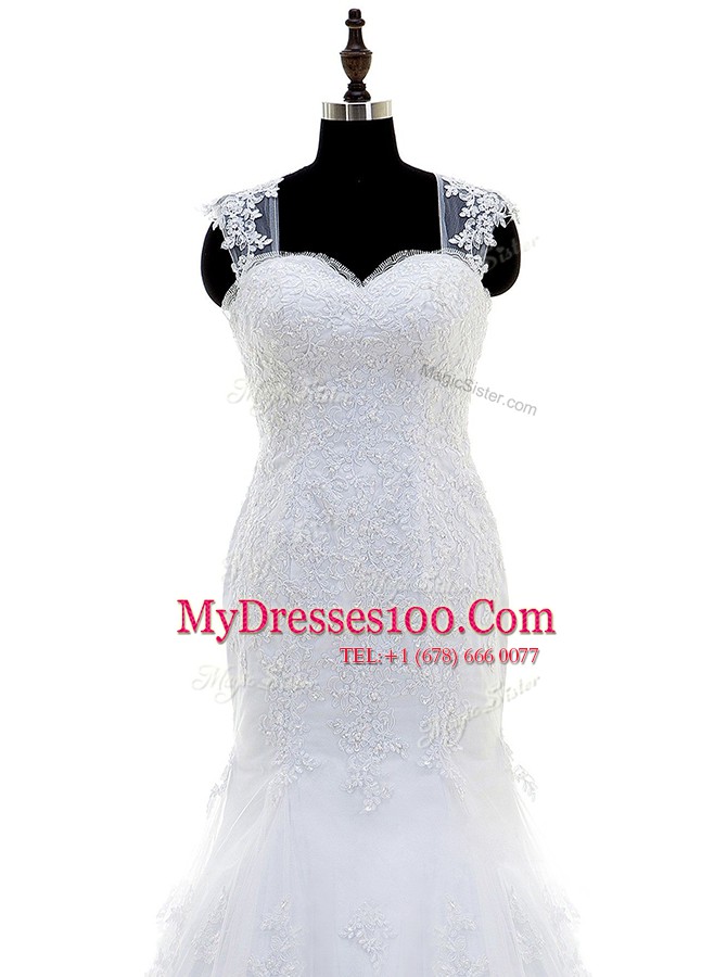 Fine Mermaid With Train White Bridal Gown Square Sleeveless Brush Train Zipper