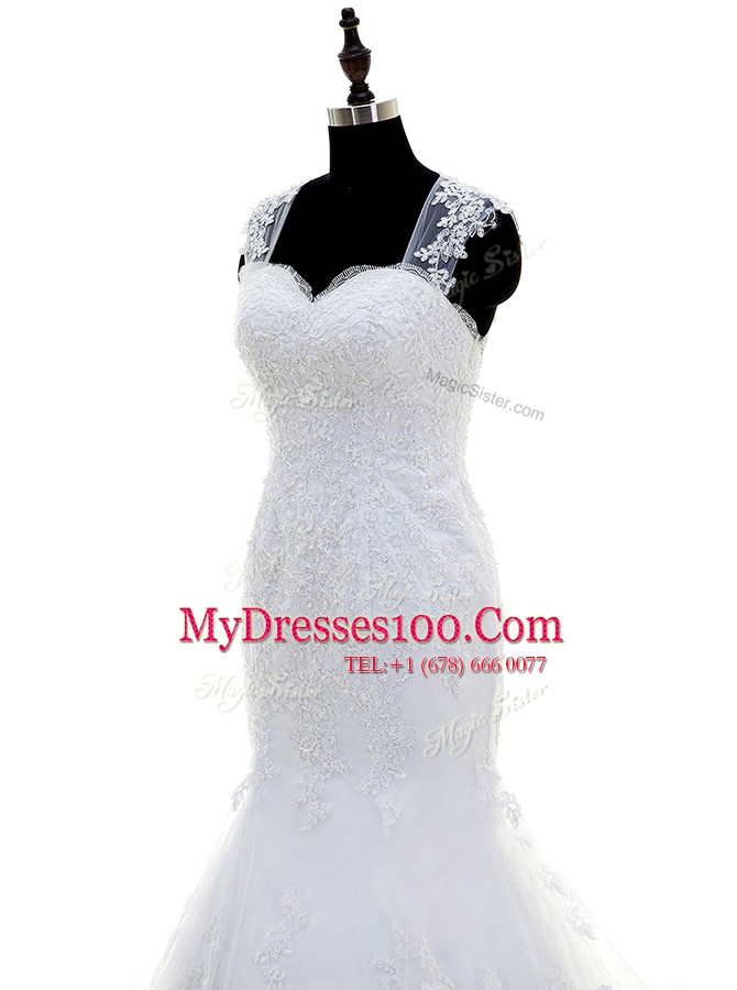 Fine Mermaid With Train White Bridal Gown Square Sleeveless Brush Train Zipper