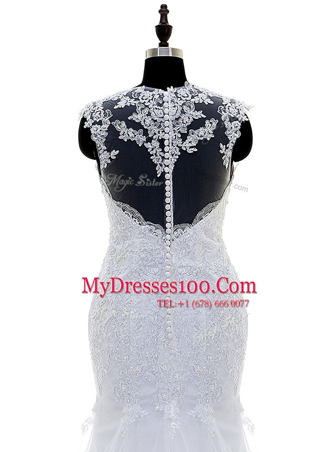Fine Mermaid With Train White Bridal Gown Square Sleeveless Brush Train Zipper
