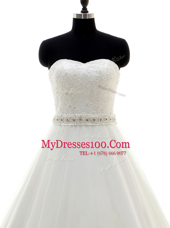 Simple White Bridal Gown Wedding Party and For with Beading and Lace Sweetheart Sleeveless Brush Train Lace Up