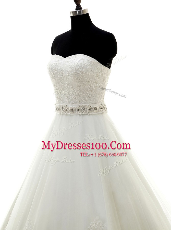 Simple White Bridal Gown Wedding Party and For with Beading and Lace Sweetheart Sleeveless Brush Train Lace Up