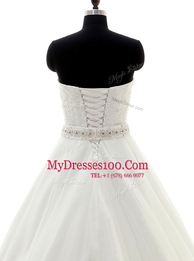 Simple White Bridal Gown Wedding Party and For with Beading and Lace Sweetheart Sleeveless Brush Train Lace Up