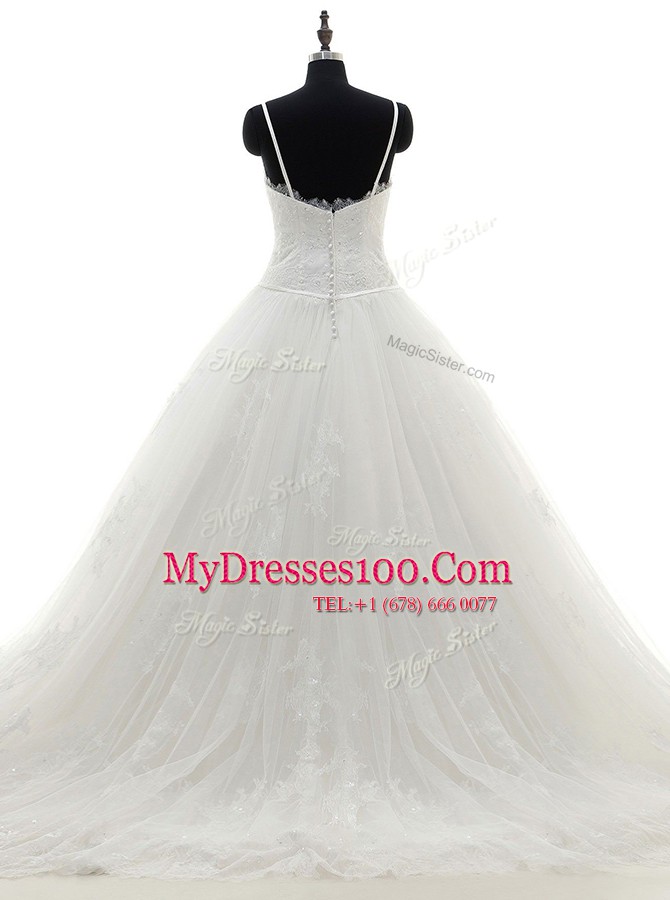 Scoop Appliques Bridal Gown White Zipper Sleeveless With Brush Train