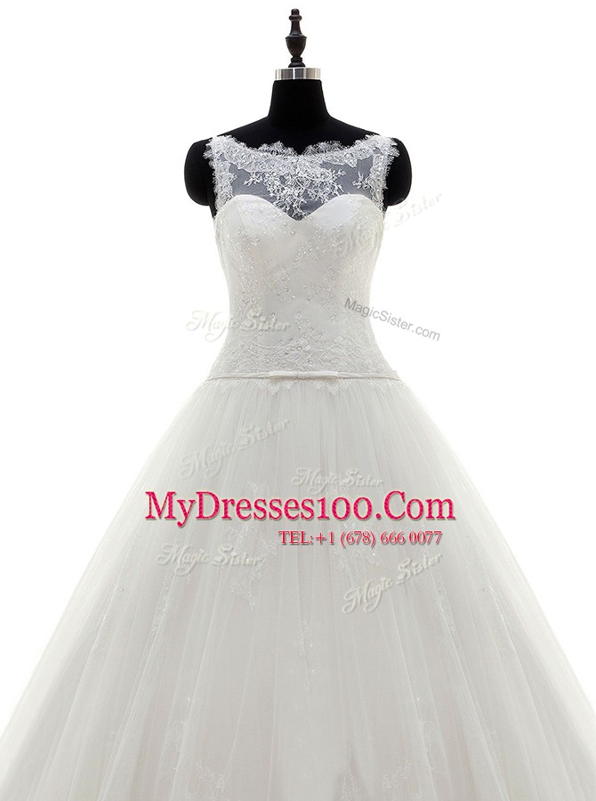 Scoop Appliques Bridal Gown White Zipper Sleeveless With Brush Train