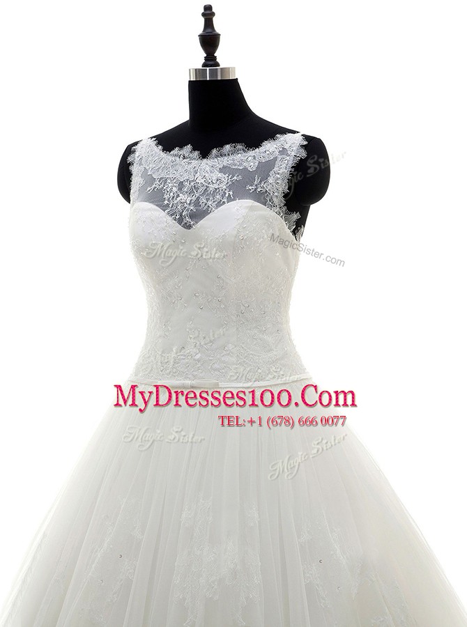 Scoop Appliques Bridal Gown White Zipper Sleeveless With Brush Train