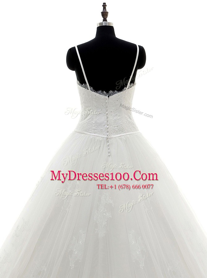 Scoop Appliques Bridal Gown White Zipper Sleeveless With Brush Train