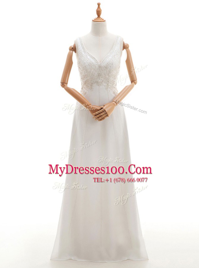 Unique White Silk Like Satin Backless V-neck Sleeveless Floor Length Wedding Dress Beading